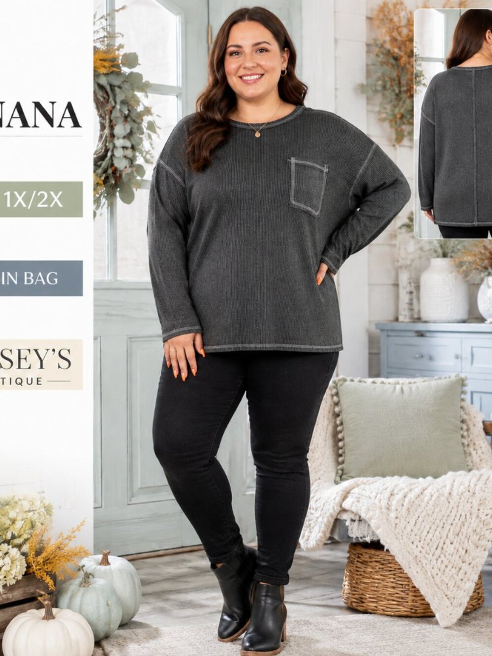 Zenana 1X/2X Charcoal Ribbed Exposed Seam Pocket Top New